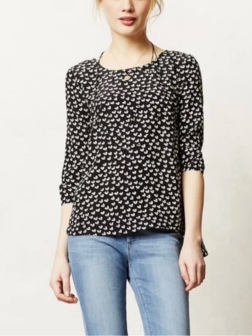 Anthropologie Maeve Linosa Heart Silk Blouse Black Size XSmall